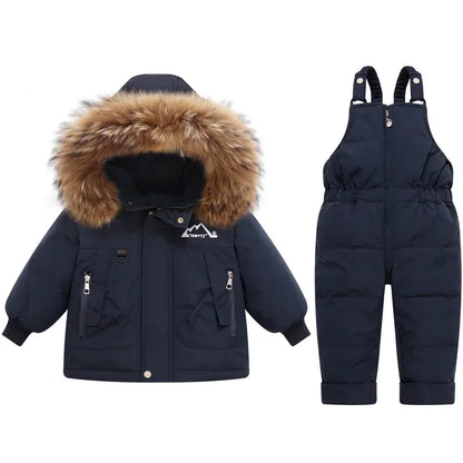 -30 Degree Down Jacket Jumpsuit Winter Overall for Children Clothes Set Baby Boy Parka Real Fur Girl Toddler Thick Warm Snowsuit