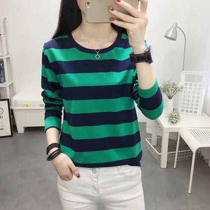 Autumn Loose Pure Cotton Long Sleeve T-shirt Women Clothing Middle-aged Mom Base Shirt Striped Top