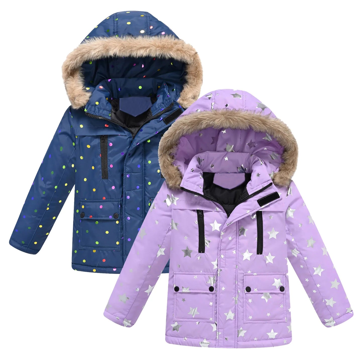 Autumn Winter Girls Jacket Keep Warm Fur Collar Fashion Prints Little Princess Coat Hooded Zipper Girls Outerwear Kids Clothes