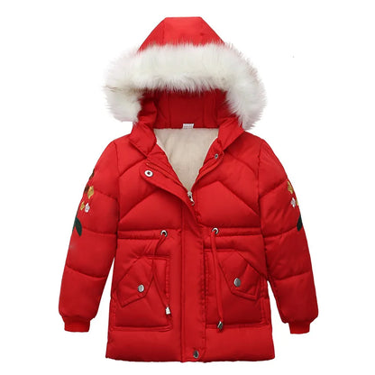 3-6 Years Winter Girls Jackets Fur Collar Fashion Little Princess Coat Warm Hooded Zipper Outerwear Birthday Gift Kids Clothes