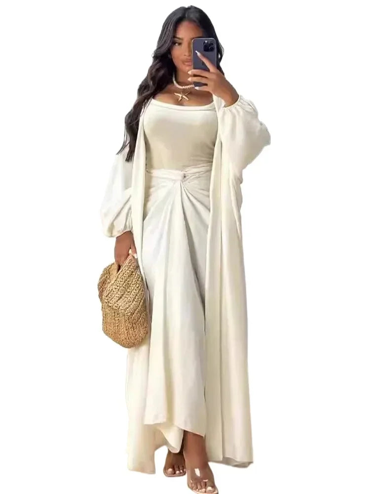 Autumn Winter Fashion Two Piece Set Muslim Women Elegant Solid Long Cardigan Twisted Skirt Two Piece Set