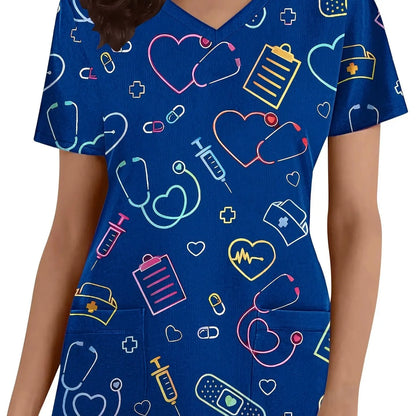 Surgical Uniforms Woman Heart Printed V-Neck Nurses Tops Short Sleeve Patch Pocket Medical Uniforms Surgical Uniforms Nursing