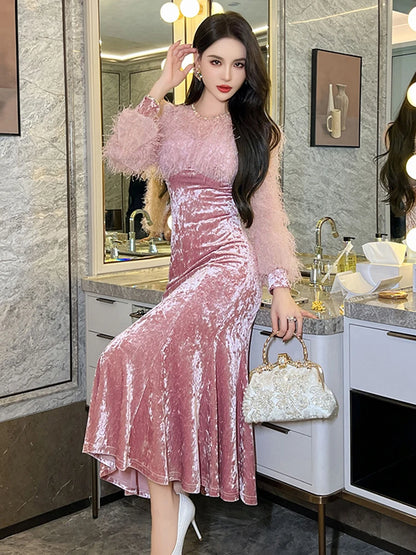 French Elegant Long Prom Dresses Woman Retro Sweet Plush Patchwork Velvet Wrap Hip Fishtail Robe Female Party Banquet Vestidos