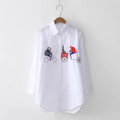 Fashion Long Sleeve Women Shirts Embroidery Cotton White Blouses Office Lady Elegant Loose Tops