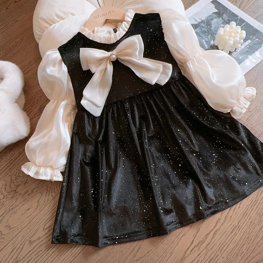 Girls' Dress 2025 Autumn and Winter New Korean Version Bow Velvet Skirt Little Girl  Princess Dress Children Girl Baby Clothes