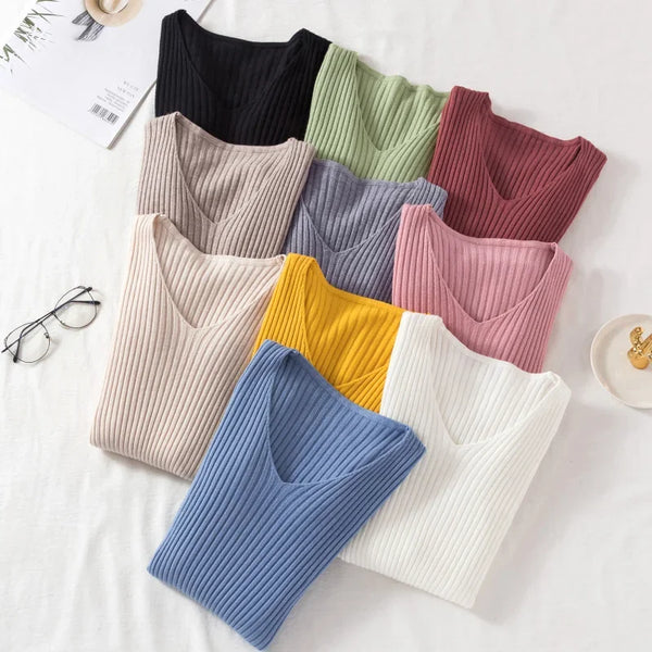 Autumn Women Sweaters Casual Long Sleeve Knitted V Neck Pullover Femme Basic Solid Jersey Tops Fashion Clothes