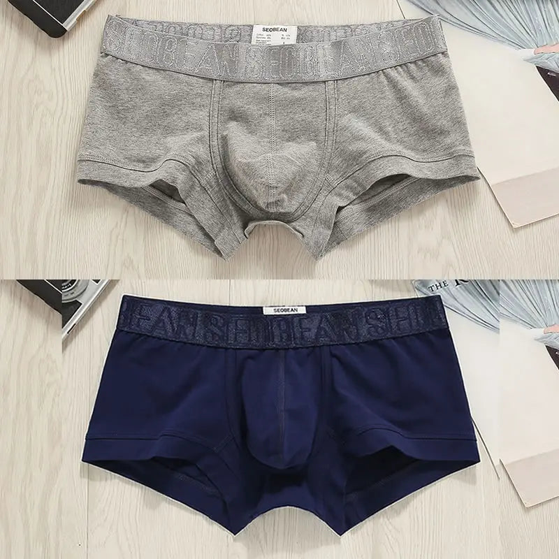 2pcs/lot SEOBEAN Men‘s Boxer underwear cotton skin-friendly breathable sports sports solid color tight low rise simple