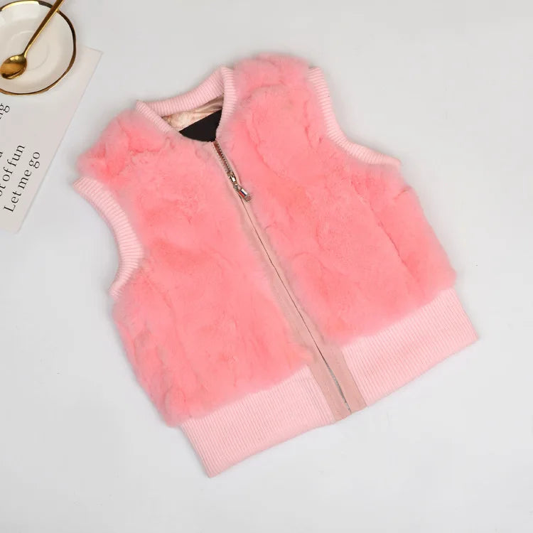 Autumn Winter Fur Vest Ladies Fur Coat Woman Vest Children Short Rex Rabbit Fur Womens Tops And Blouses Boys Girls Parent-child