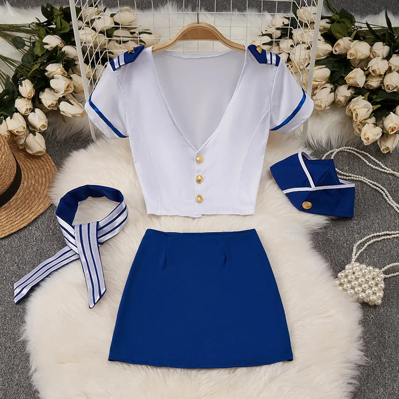 Female Sailor Officer Flight Uniform Role-playing Short Suits 4 Pieces V-neck T-shirt CropTop Blue Hip Wrap Skirt