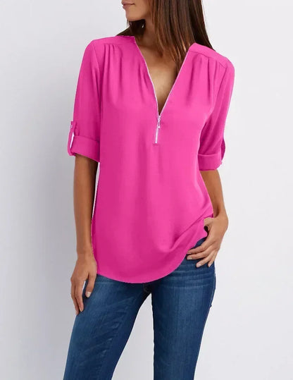 Summer Women Cool Loose Shirt Deep V Neck Chiffon Blouse Casual Ladies Tops Sexy Zipper Pullover Plus Size Long Sleeve Fashion