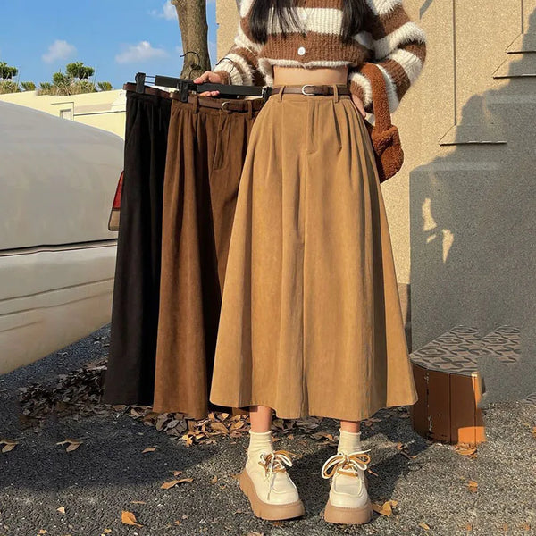 Lucyever Vintage Corduroy Long Skirt Women Autumn Winter High Waist Pleated Skirts Woman Streetwear All Match A Line Midi Skirt