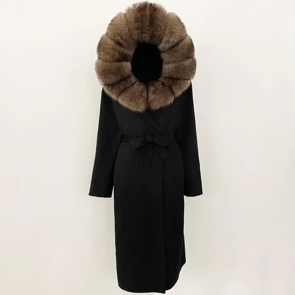 Real Natural Fox Fur Coat Winter Hooded Detachable Collar Fur Jacket Long Woolen Jacket Women Double-faced Casual Overwears