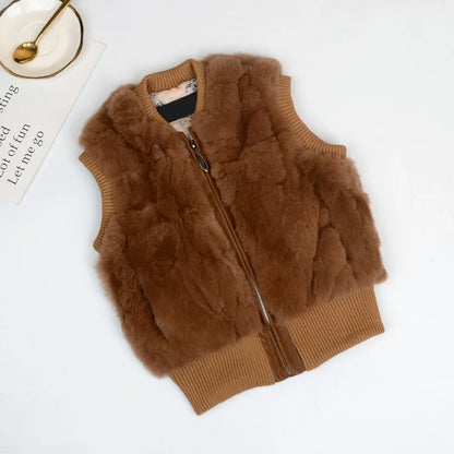 Autumn Winter Fur Vest Ladies Fur Coat Woman Vest Children Short Rex Rabbit Fur Womens Tops And Blouses Boys Girls Parent-child