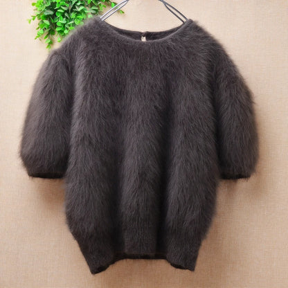 Ladies Women Fall Winter Clothing Hairy Angora Rabbit Hair Knitted O-Neck Short Sleeves Slim Blouses Pullover Jumper Sweater