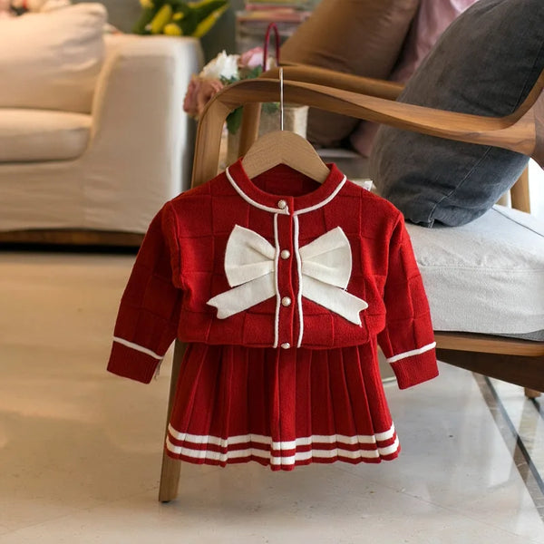 2025 Autumn Winter Girls' Set Children's New Large Bow Sweater Single breasted Cardigan Coat+pleated Skirt Baby Kids Suit