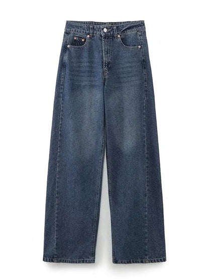 Tangada Women Wide Leg Jeans Pants Trousers Pocket Female High Street Denim Pants