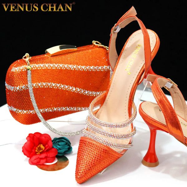 Venus Chan 2025 Newest INS Style Orange Color Elegant High Heels Popular Design Ladies Shoes And Bag Set