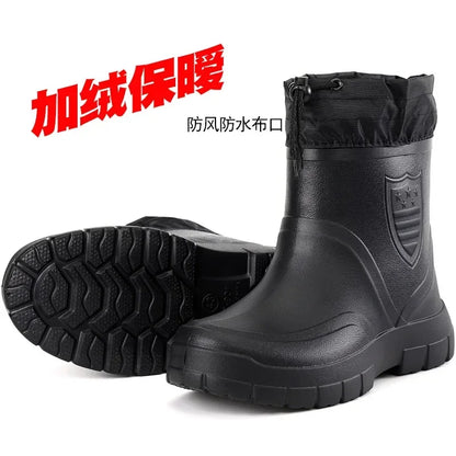 Winter Windproof Cotton Rain Boots Men Warm Light Ankle Rainboots Fashion Black Slip on Rain Shoes Men Waterproof Work Boot