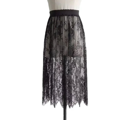 2 Length Elegant Black Skirt White Lace Transparent Long Tulle Skirt Ladies Elastic High Waist Beach Midi Skirt Drop shipping