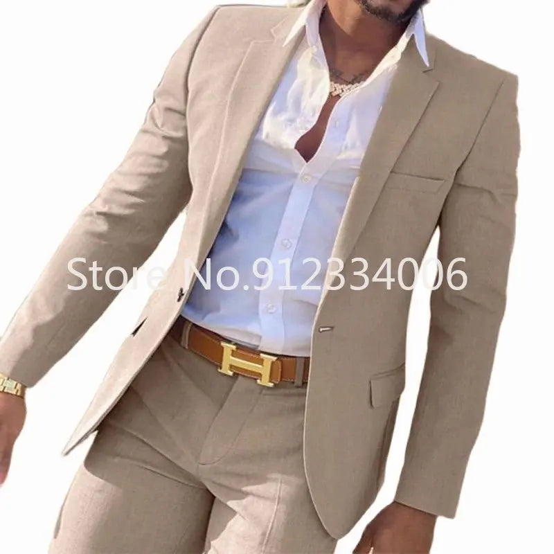 2 Pieces Beige Suit for Men Slim Fit Wedding Groom Tuxedo Groomsmen Suits Male Fashion Smoking Costume Homme Blazer with Pants