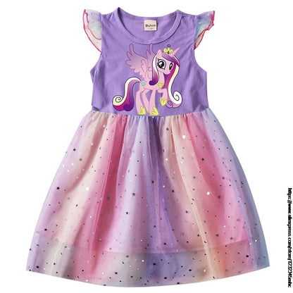 New Girls Mid-length Dress Flying Sleeves Round Neck My Little Baby girl pony Summer Dress Net Gauze Princess Dress