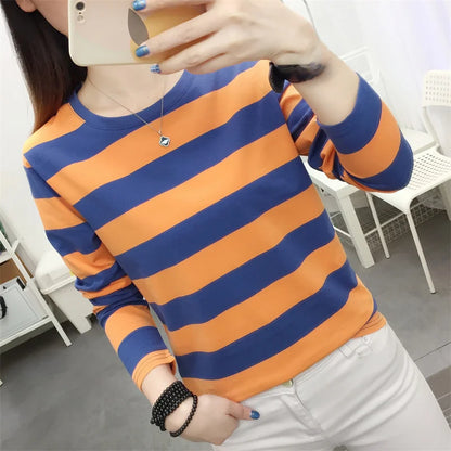 Autumn Loose Pure Cotton Long Sleeve T-shirt Women Clothing Middle-aged Mom Base Shirt Striped Top