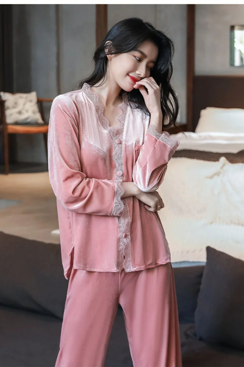 Womens Velvet Pajamas Set Long Sleeve Button Up Sleepwear Soft 2 Piece Loungewear Pj Set Lace Ruffles Autumn Winter Spring