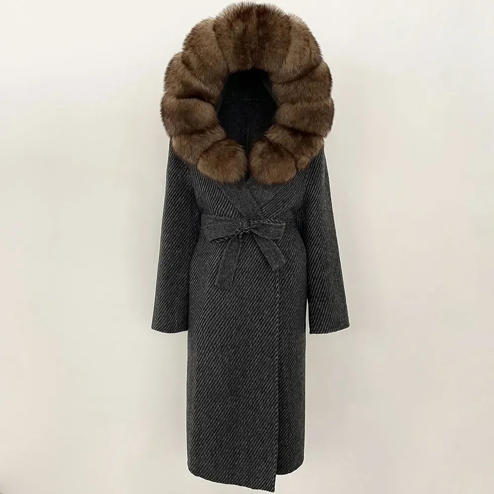 Real Natural Fox Fur Coat Winter Hooded Detachable Collar Fur Jacket Long Woolen Jacket Women Double-faced Casual Overwears