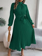 Autumn and winter elegant stand up collar long sleeved waist cinched pleated long skirt small dress women's solid color dress