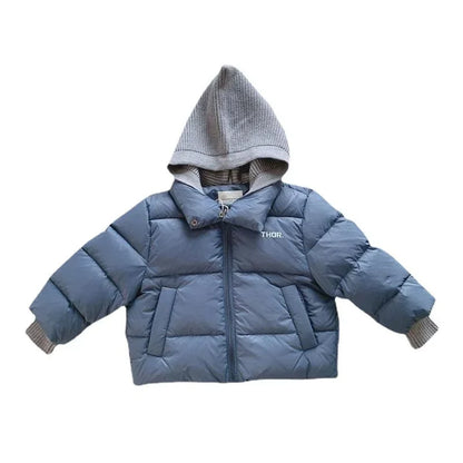 2025 New Winter Baby Toddler Boy Korean Style Knitted Patchwork Hooded Jacket Coat Thicken Outdoor Wear 2-7YEARS