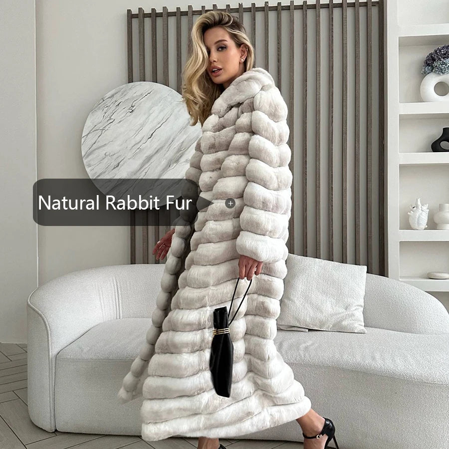 New Natural Rabbit Fur Coats Women Long Real Rex Rabbit Fur Jacket Winter Warm Best Selling