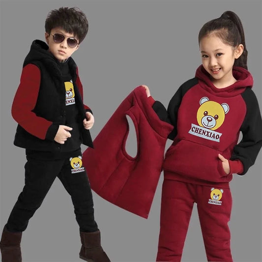 2025 Boys Padded Warm Set Children's Hooded Cartoon Solid Colour 3 Pcs Autumn Winter New Girls Sweatshirt Cute Casual Suit 4-12Y