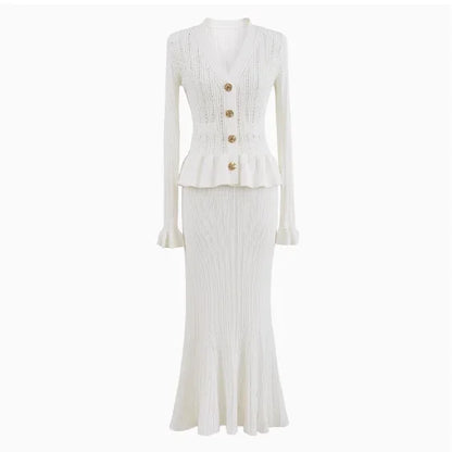 Pure White Temperament Dress Hollow Fake Two-piece Knitted Mini Dresses