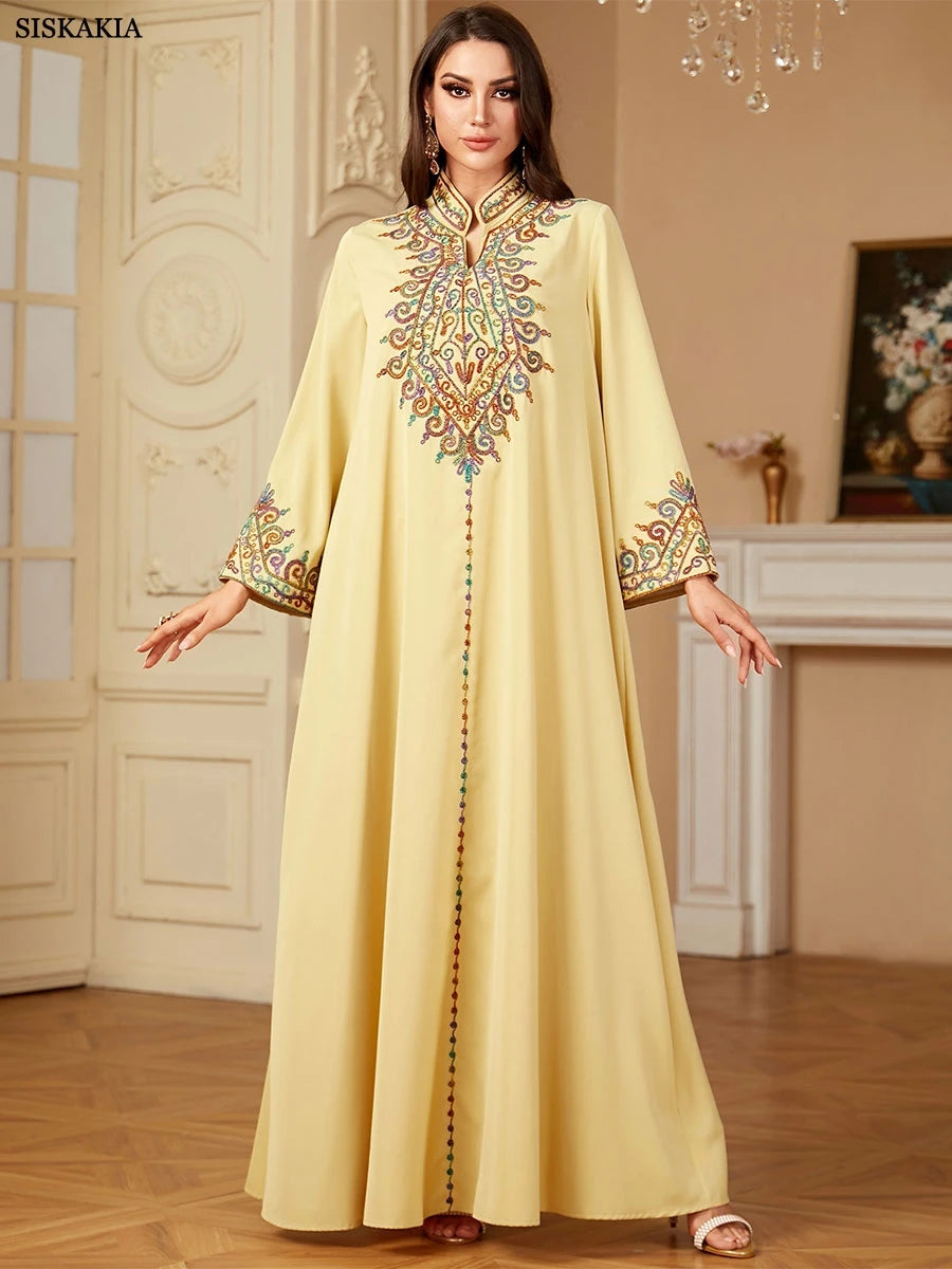 Siskakia Embroidery V-Neck Long Dress Dubai Arab Abaya For Muslim Woman Loose Moroccan Saudi Ethnic Jalabiya