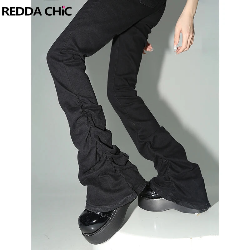 REDDACHiC Black Ruched Flare Jeans Women Solid Stretch Bootcut Stacked Pants High Rise Trousers Harajuku Goth Grunge