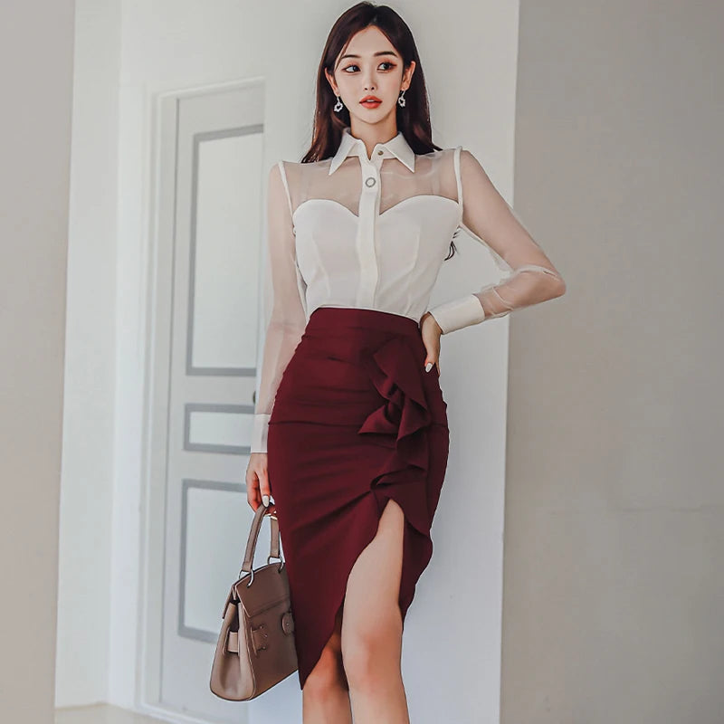 New Fashion Runway Fall Skirt Suit Women's White Blouse And Pencil Skirt 2 Two Pieces Set