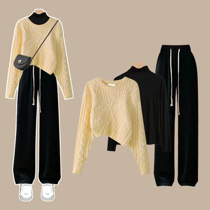 Autumn and Winter Set Women's 2024 New Korean Knitted Sweater Women's Underlay Casual Pants Three Piece Set Winter Clothes Women