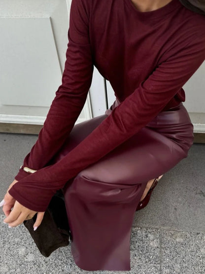 Trendix Women Elegant Burgundy Skirt High Waist Slim Fashion Slit Long Skirts Female Party Slim Club Sexy Vintage PU Skirts