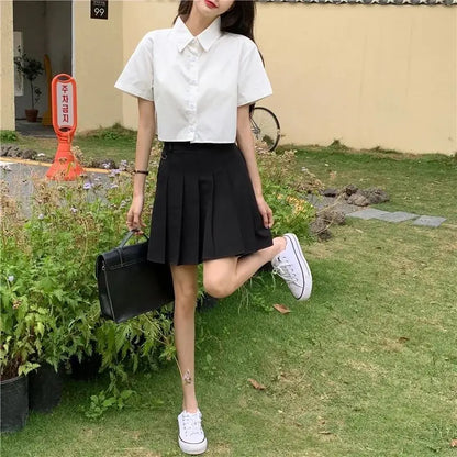 Oversize White Cropped Shirt Women Summer Short Sleeve Polo Neck Sweet Preppy Button Short Shirts Korean Female Blouses Blusa