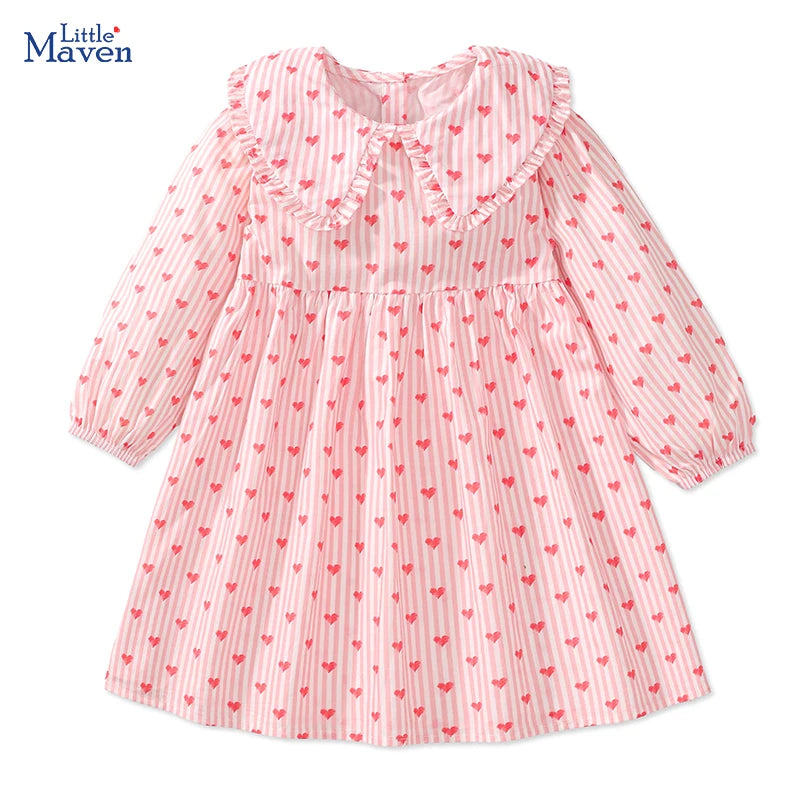 Little maven Children's Clothing Kids Clothes 2025 Autumn Cotton Fall Baby Girls Long Sleeves Sweet Hearts Lapel Collar Dresses