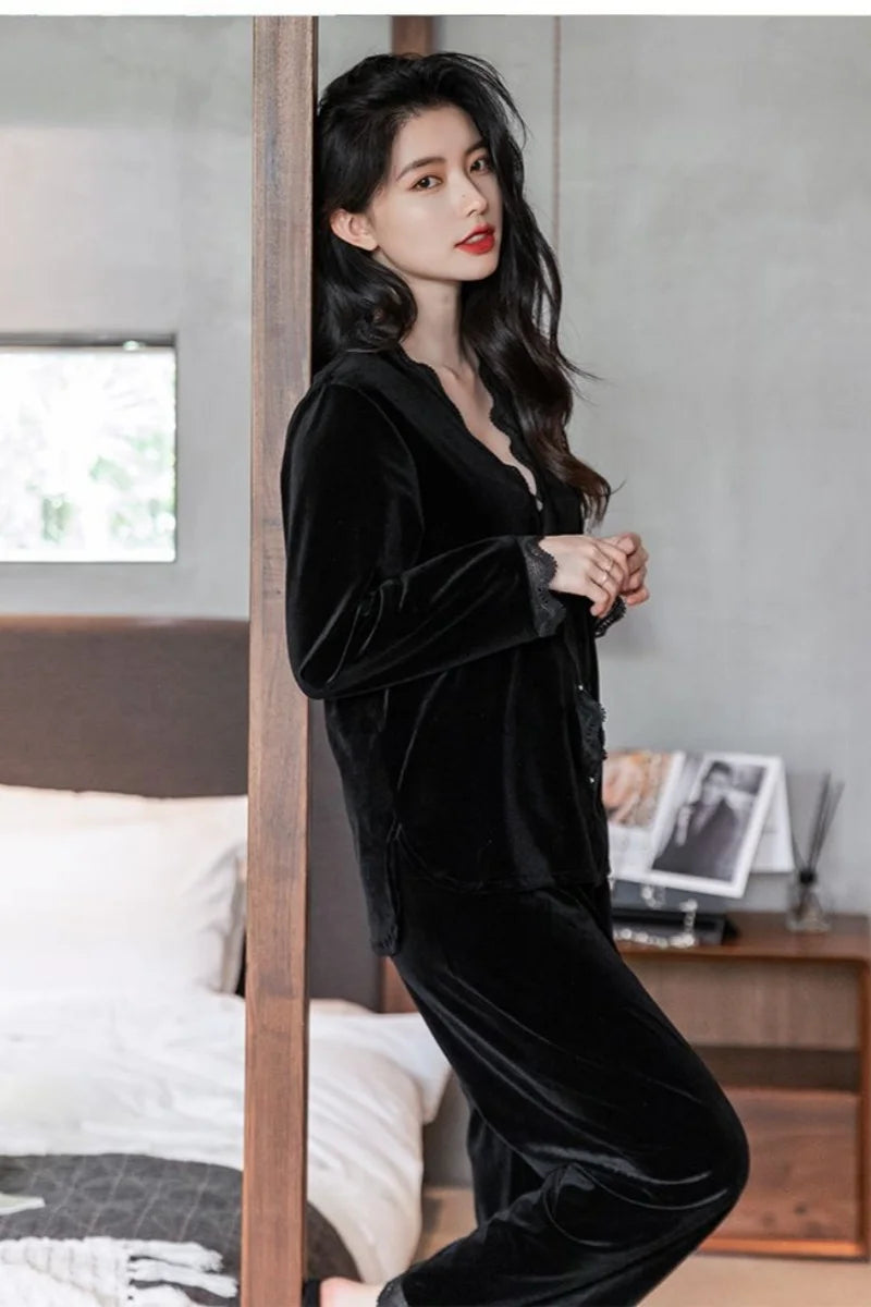 Womens Velvet Pajamas Set Long Sleeve Button Up Sleepwear Soft 2 Piece Loungewear Pj Set Lace Ruffles Autumn Winter Spring