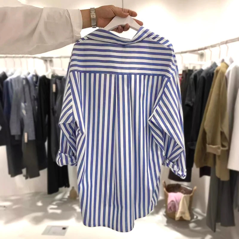 Autumn New Korean Style Loose Casual Free Size Small Fresh Vertical Blue Striped Long-Sleeved Shirt Ladies With Coat Blouse