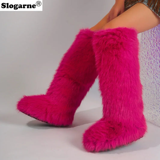 Women New Faux Fox Fur Long Boots Knee High Light Colour Fur Snow Boots Ladies Platform Push Shoes Drop Shipping Winter Shoes