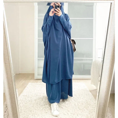 Muslim Sets Two Pieces Eid Hooded Long Sleeve Hijab Prayer Clothing Maxi Skirts Elastic Waist Women Dresses Abaya Ramadan Robes