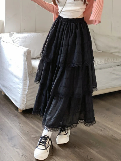 White Black Long Skirt Women Crochet Lace Skirt Goth Lolita Summer High Waisted High Low Ruched Ruffle Pleated Skirts rok