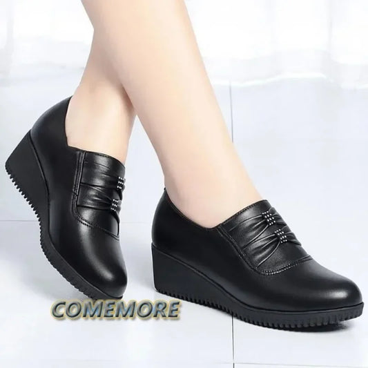 Autumn Mom PU Leather Flat Platform Winter Comfort Black Women‘s Shoes Loafers Wedges Heel Female Ballet Shoes Casual Round Head