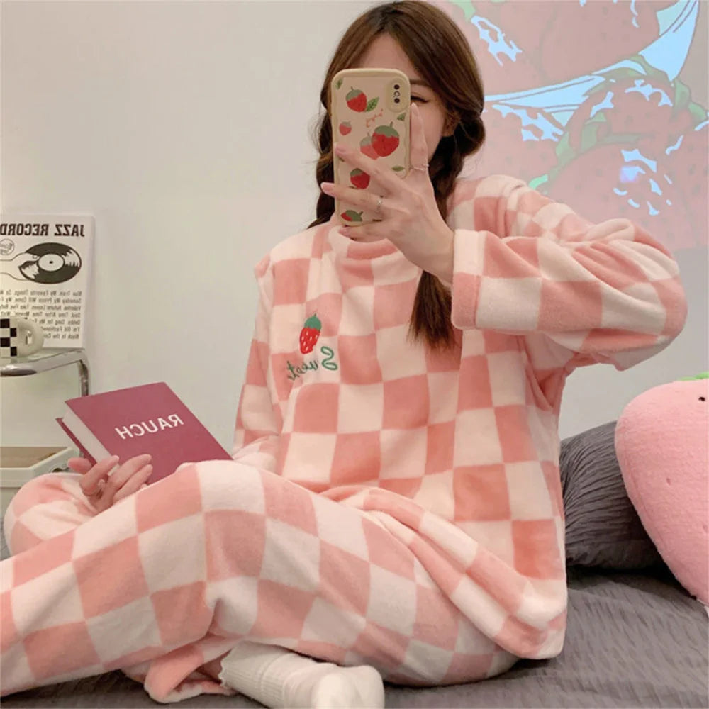 Autumn Winter Kawaii Cartoon Pajama Sets Women Pyjamas Plaid Flannel Loung Sleepwear Girl Pijama Night Suits Homewear PJ Suit