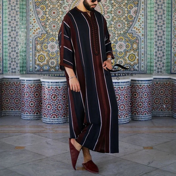 Muslim Men Long Robe Saudi Islamic Stripe Printing Abaya Caftan Dubai Arab Eid Morocco Thobe Jubba Jalabiya Summer Ramadan 2025