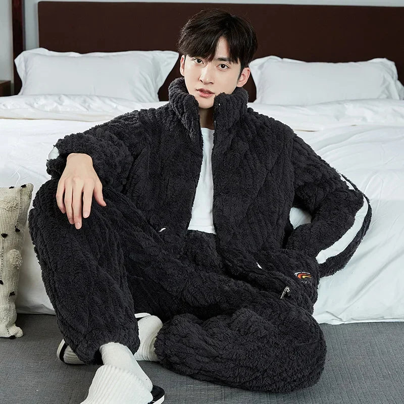 2 Pieces Set Flannel Homewear with Hood For Men 2025 New Zipper Home Clothes Plus Size L-3XL Thicken Nightwear Young Boy Warm Pj