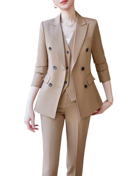 Autumn Winter Women Vest Blazer and Pant Suit Black Khaki Office Ladies Business Work Career Wear Formal 3 Pieces Set